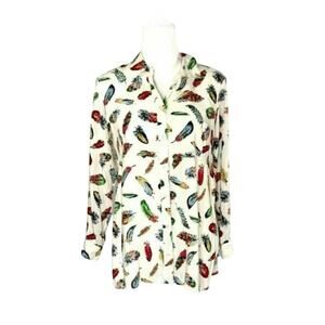 Bycorpus womens cream Feather Print Button Down Shirt long sleeve sz medium